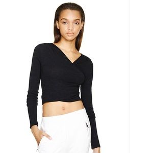 Aritzia black jersey wrap cropped blouse